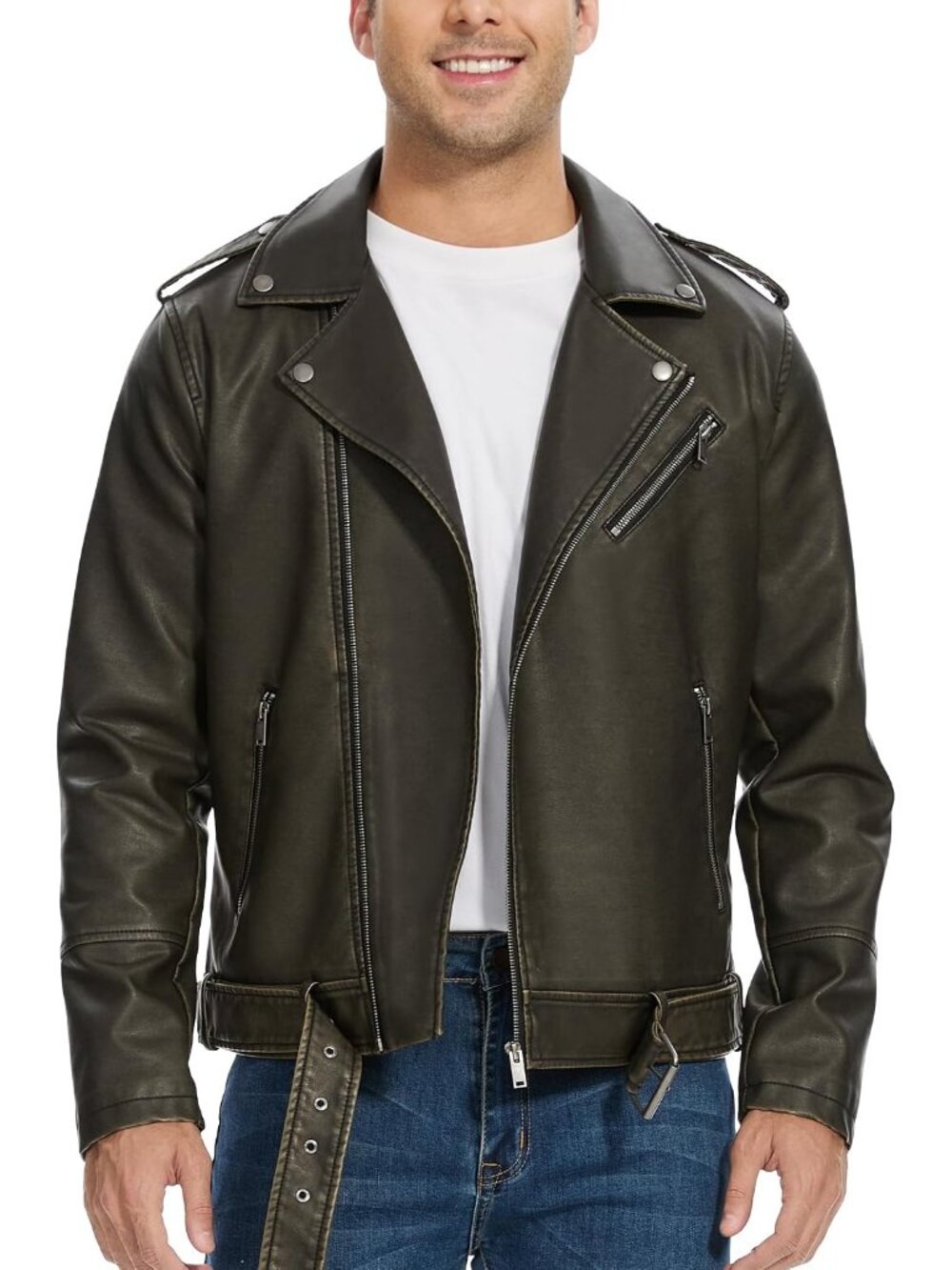 Men Black Brown Leather Zip-Up Long Sleeve Pockets Motorcycle Bomber Jacket
